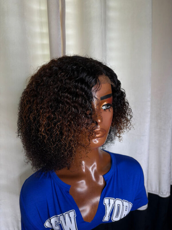 BeLady 10-16 inch Short Kinky Curly Human Hair Wigs Short Curly Bob Wig Human Hair With Bangs For Women Glueless 200_ Density Honey Gold Highlighted Natural Black Wig Easy To Wear - Image 4